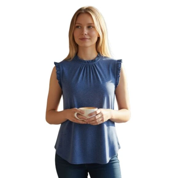 Lomon Lady's Fashion Blue Ruffled Sleeve Crew Neck Sleeveless Top - NWT - Picture 4 of 7